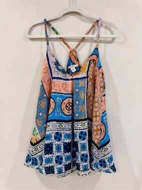 Trinity 100% Silk Flowy Boho Tank Patchwork Print Scarf-like Racerback Top Size